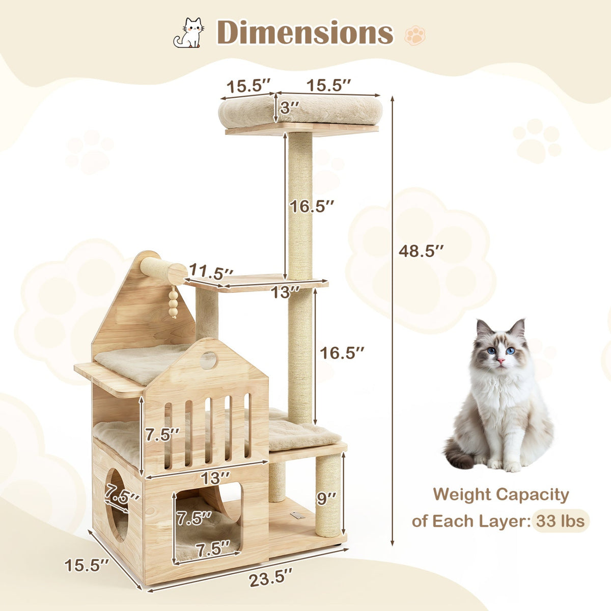 Multi-Level Solid Wood Cat Tree 48.5" with Condo & Scratchers 13