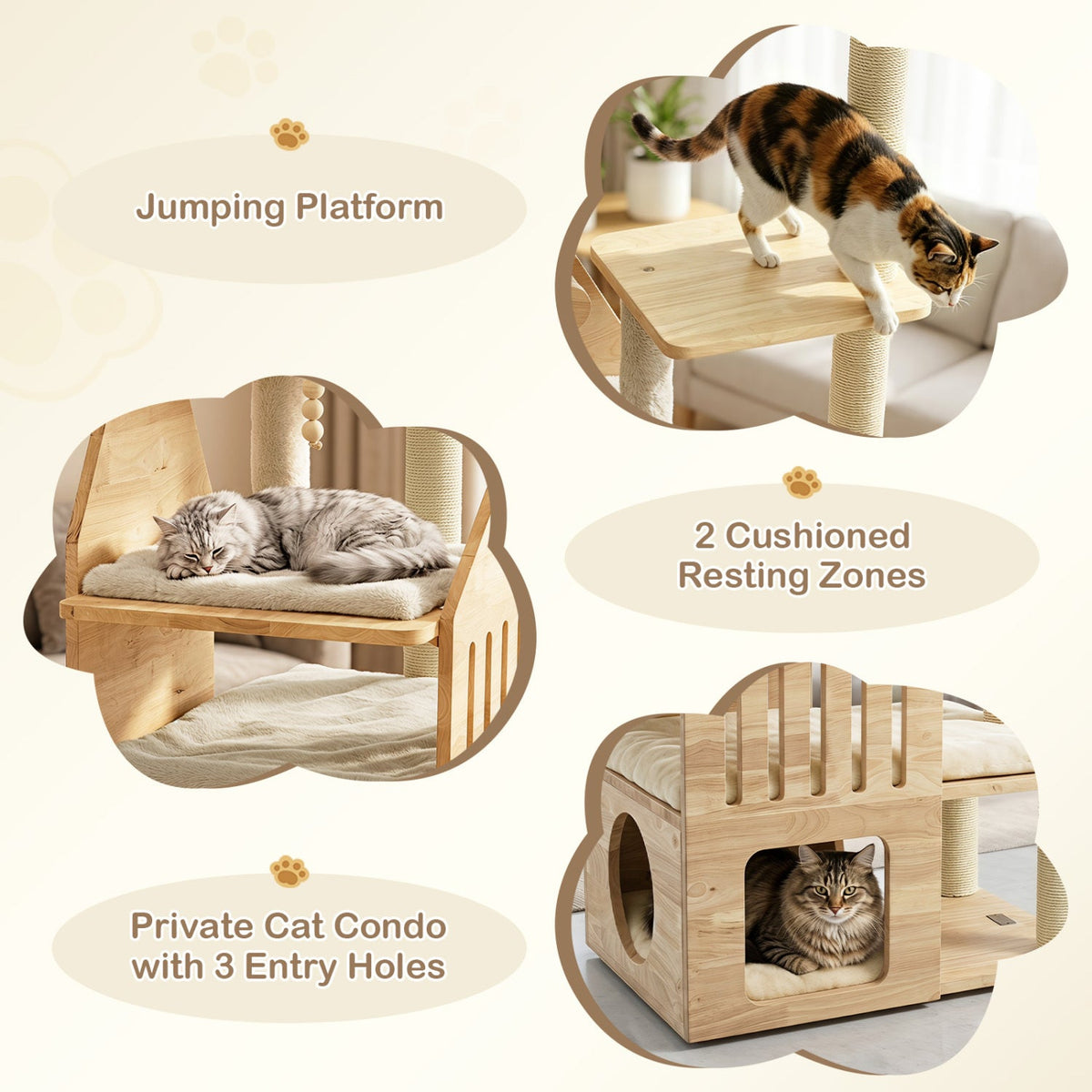 Multi-Level Solid Wood Cat Tree 48.5" with Condo & Scratchers 15