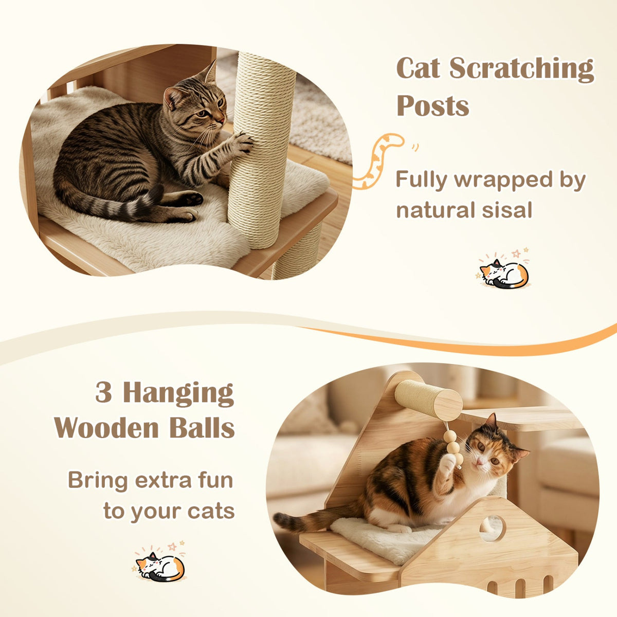 Multi-Level Solid Wood Cat Tree 48.5" with Condo & Scratchers 16