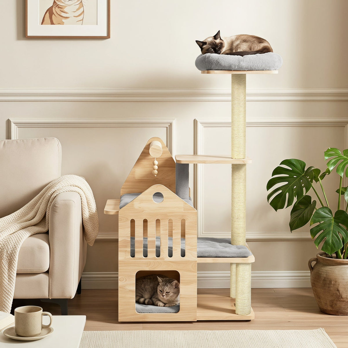 Multi-Level Solid Wood Cat Tree 48.5" with Condo & Scratchers 1
