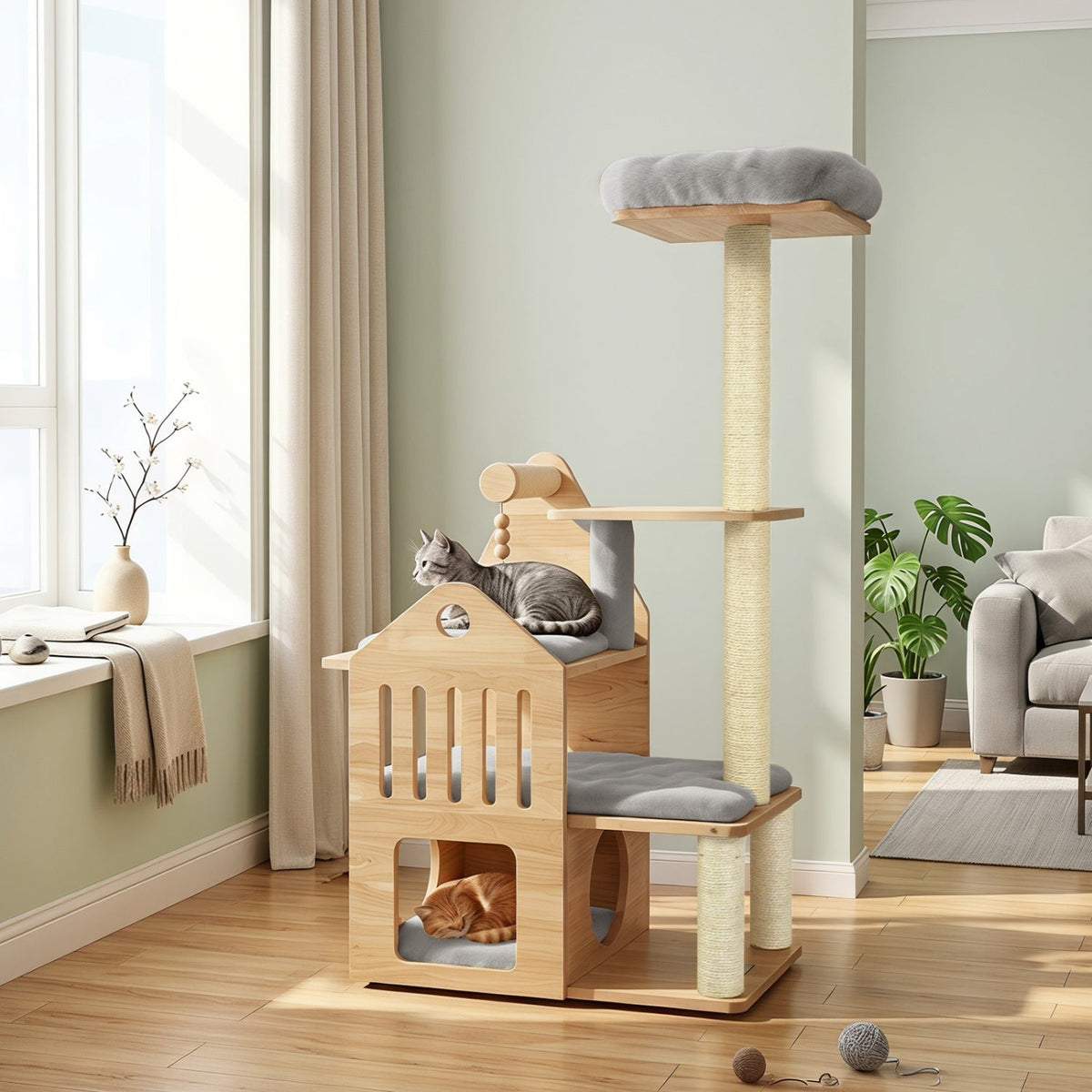 Multi-Level Solid Wood Cat Tree 48.5" with Condo & Scratchers 2