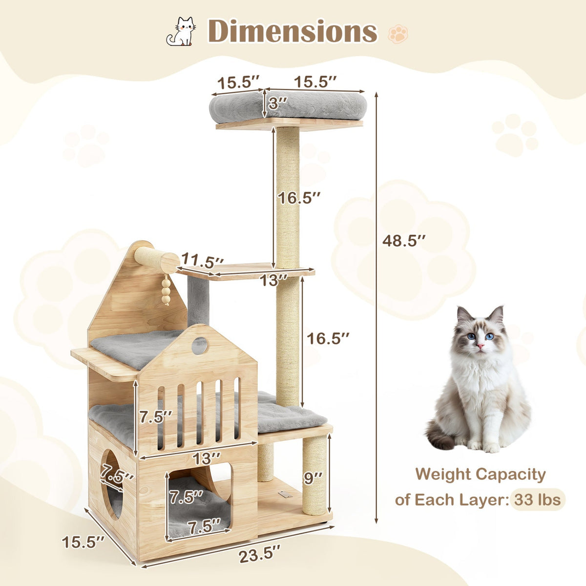 Multi-Level Solid Wood Cat Tree 48.5" with Condo & Scratchers 5