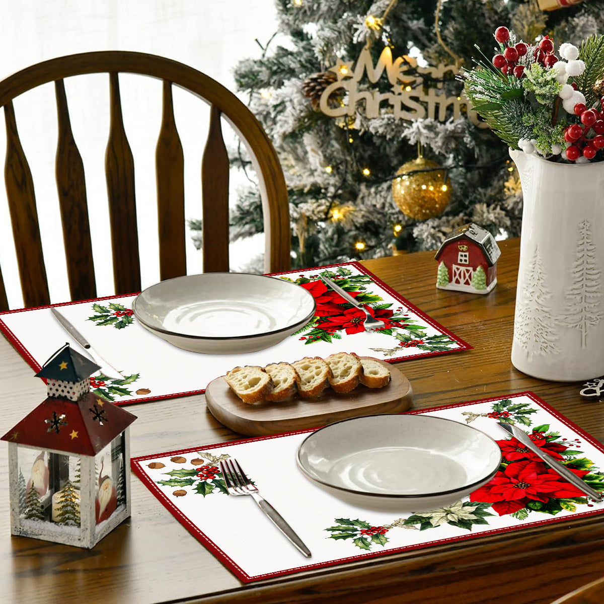 Christmas Red Flower Meal Mat Flower Pinecone Printed Table Mat Holiday Table Insulation Mat 4