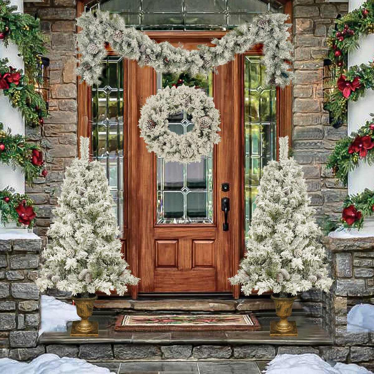 A set of 4 artificial Christmas trees, including flower garlands, flower garlands, and 2 entrance trees, with LED lights 4