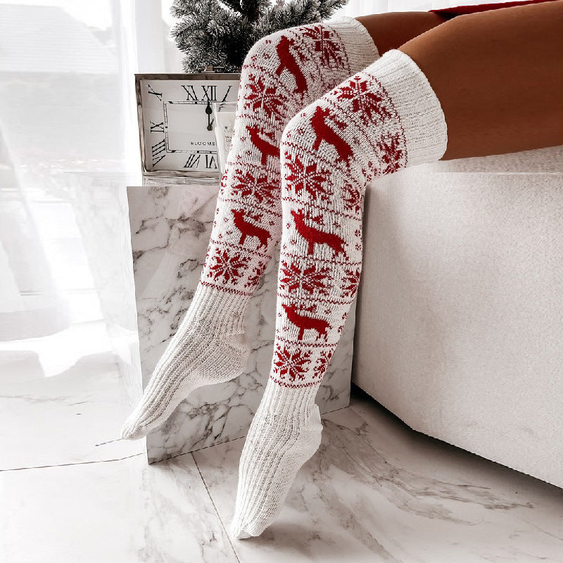 Christmas elk snowflake knitted woolen stockings for women long over knee pile socks stockings 3