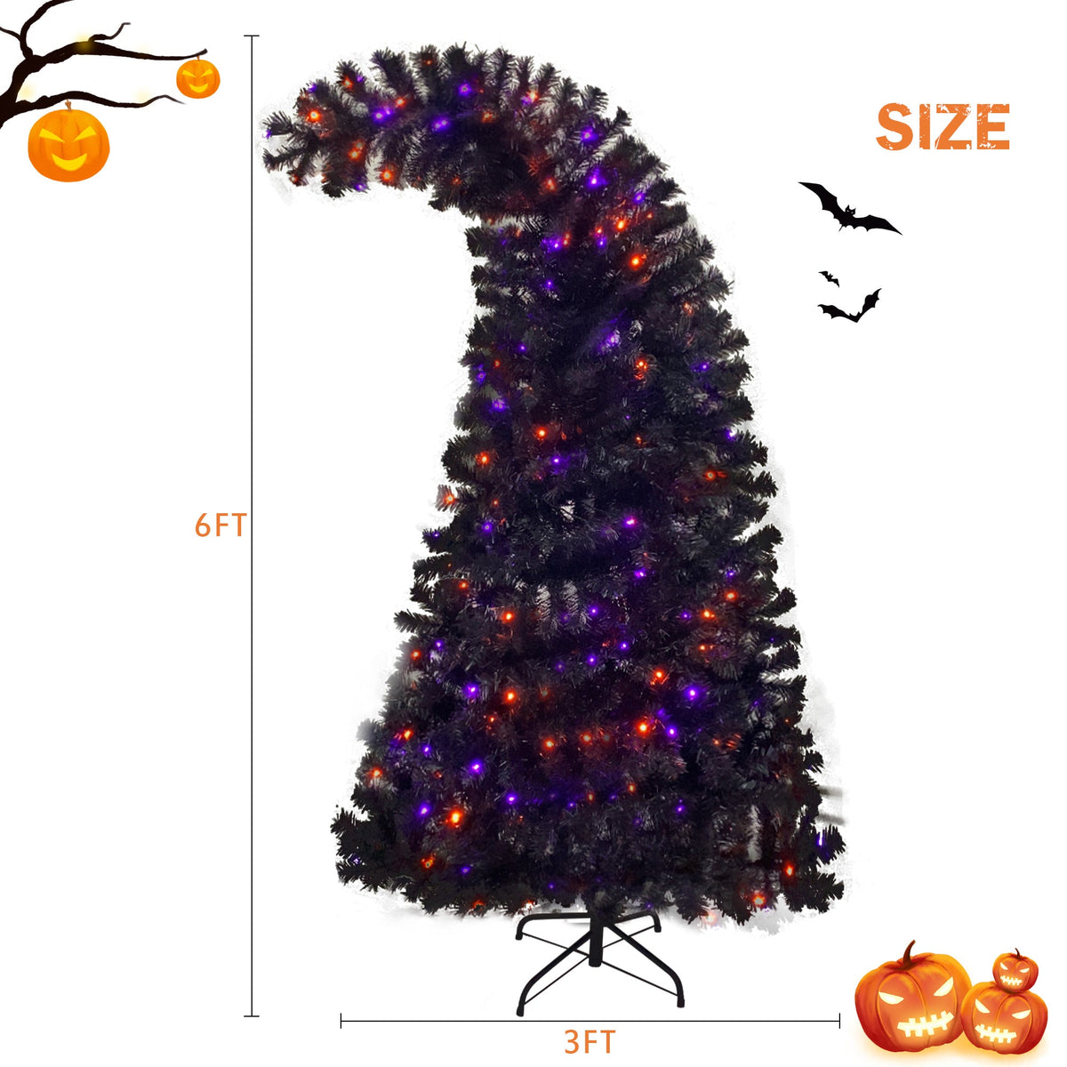6FT artificial fir curved top Halloween tree, with 1080 lush branch tips and 300 LED lights in a Christmas and Halloween style 13