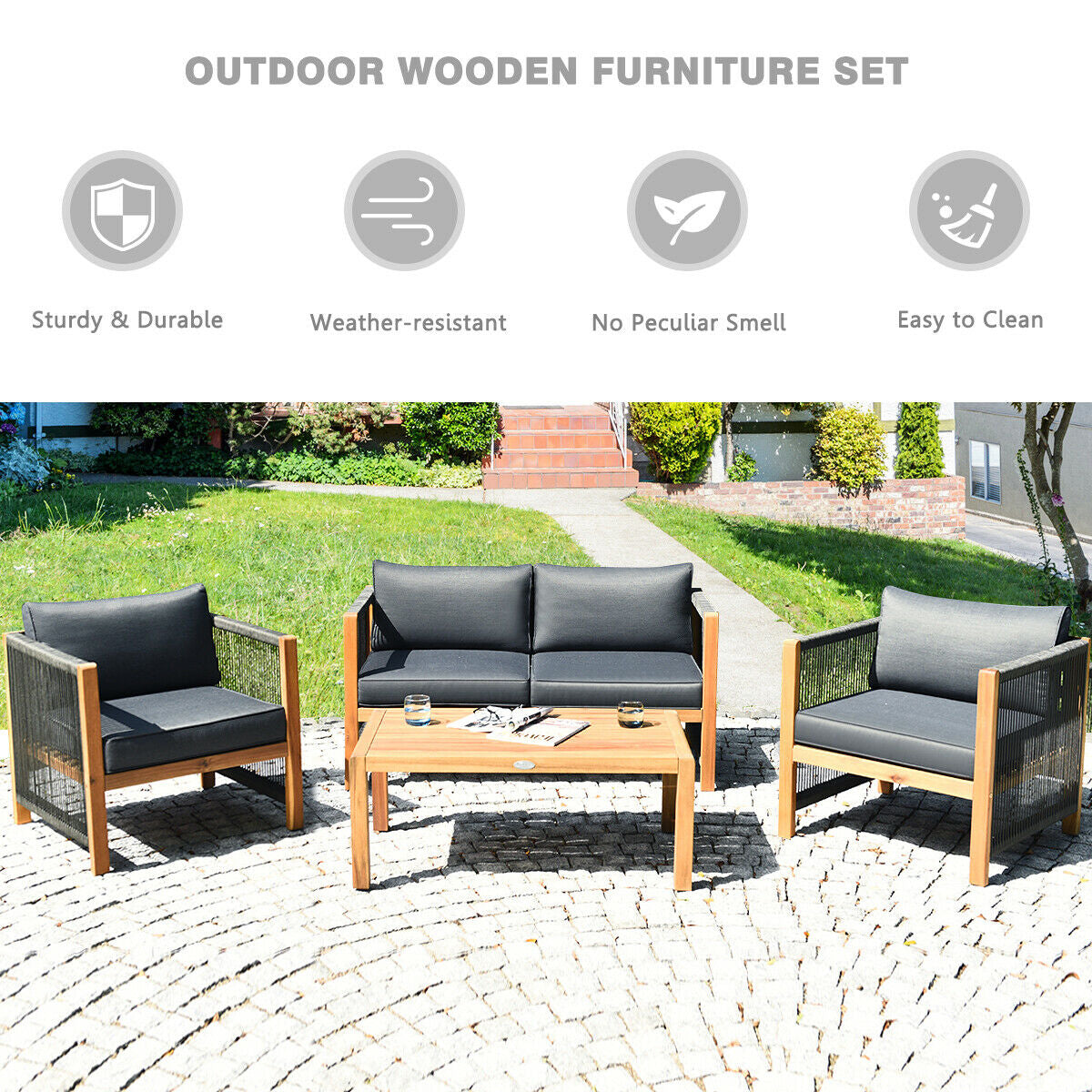 4 Pieces Acacia Wood Outdoor Patio Furniture Set with Cushions 6