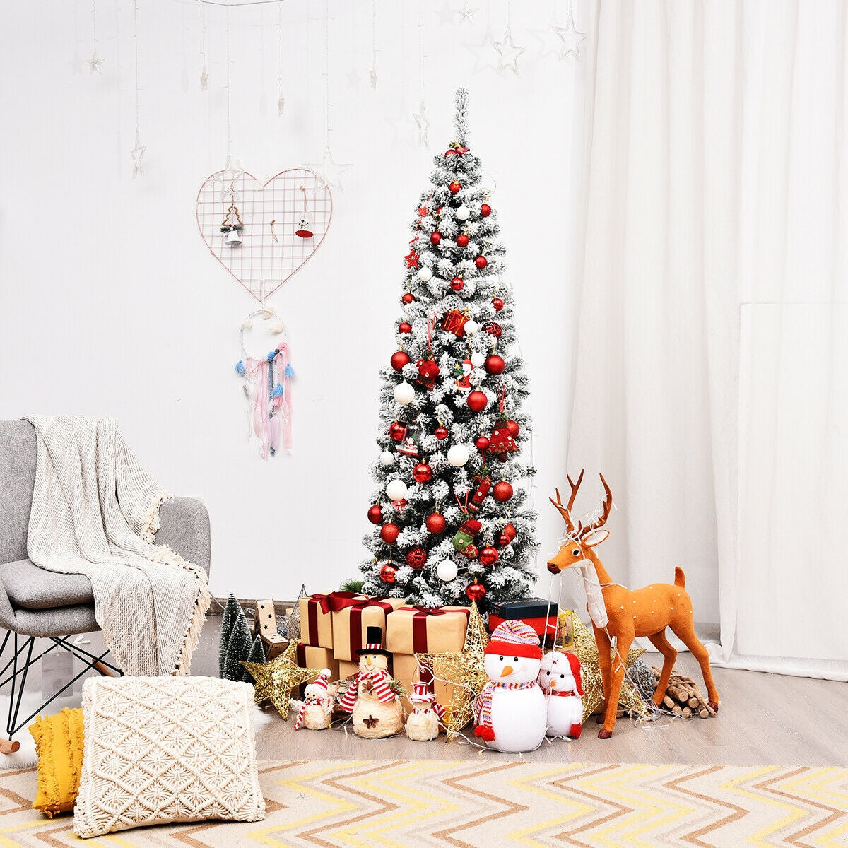 6 Feet Unlit Hinged Snow Flocked Artificial Pencil Christmas Tree with 500 Branch Tip 6