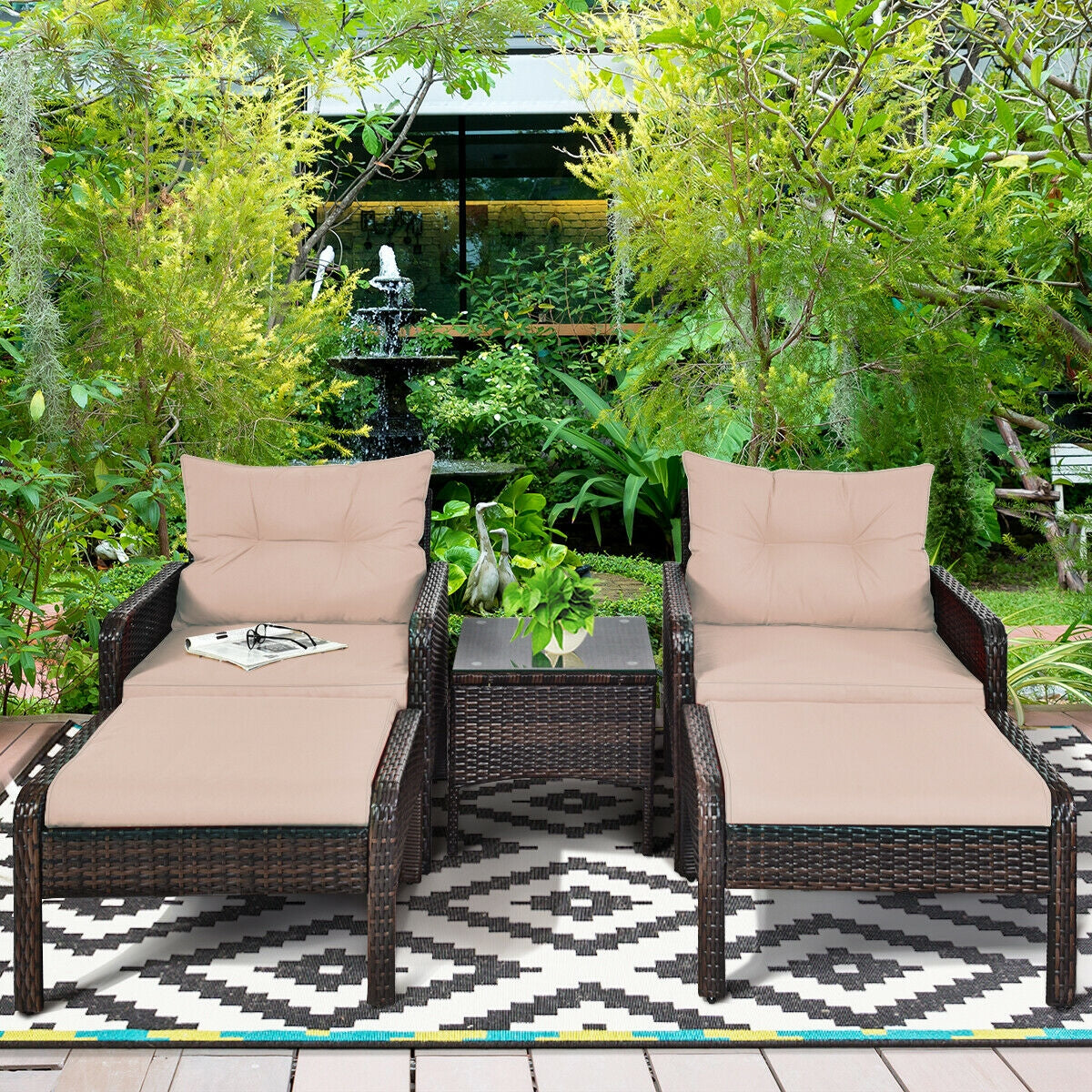 5 Pieces Patio Rattan Sofa Ottoman Furniture Set with Cushions-Black 6