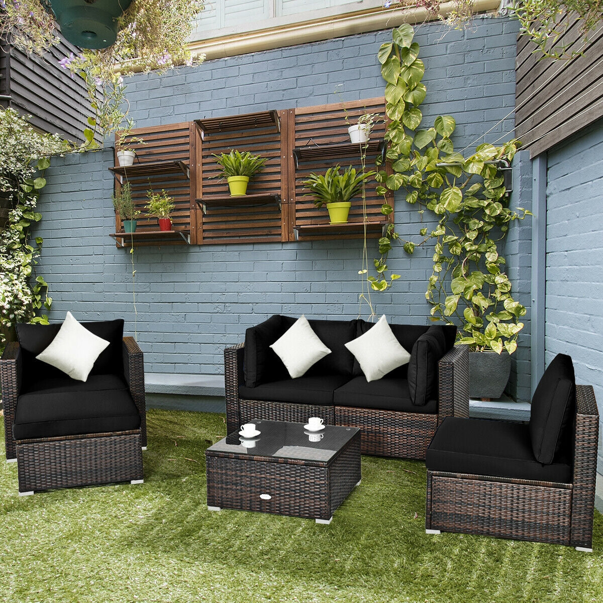 6 Pcs Patio Rattan Furniture Set with Sectional Cushion 7