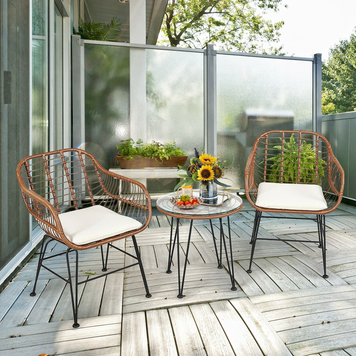 3-Piece Rattan Bistro Set with Cushions and Glass Table 8