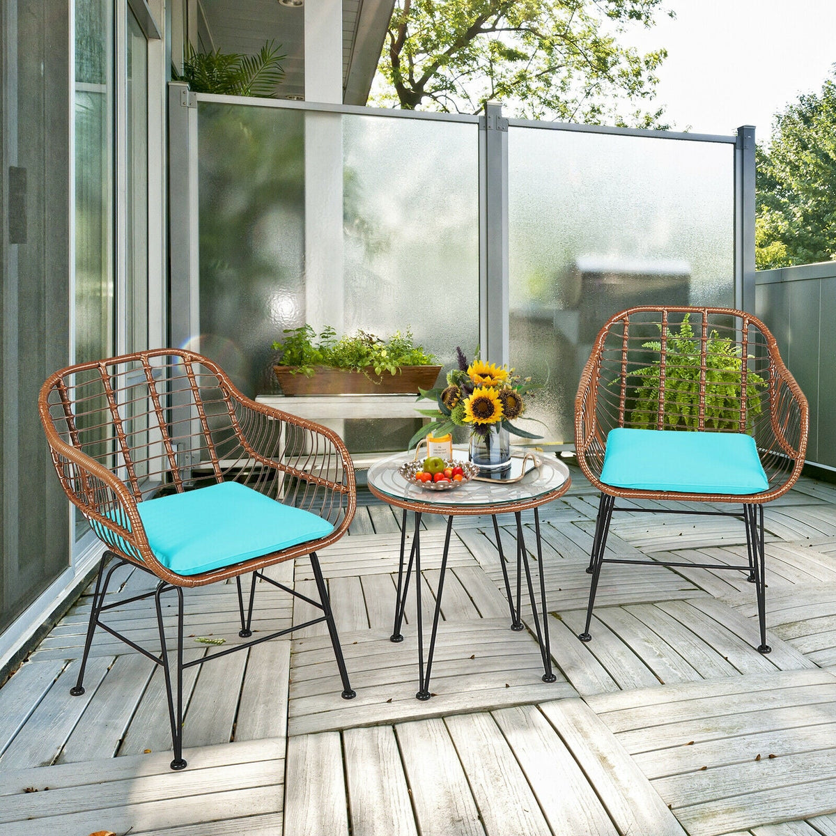 3-Piece Rattan Bistro Set with Cushions and Glass Table 15
