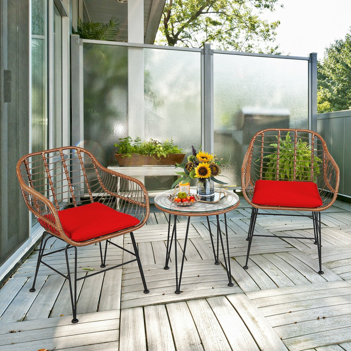 3-Piece Rattan Bistro Set with Cushions and Glass Table 23