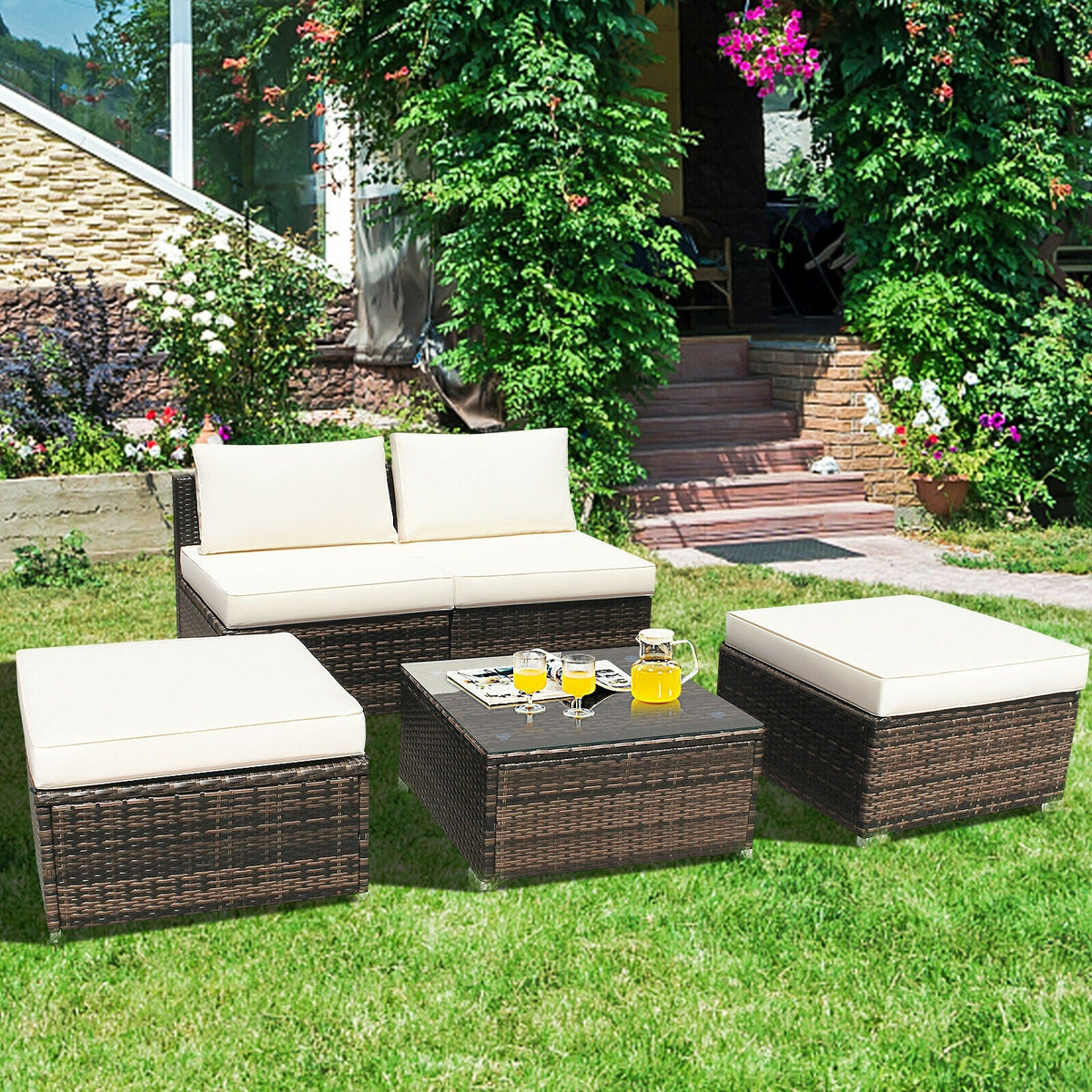 5 Pieces Patio Rattan Furniture Set with Cushioned Armless Sofa 5