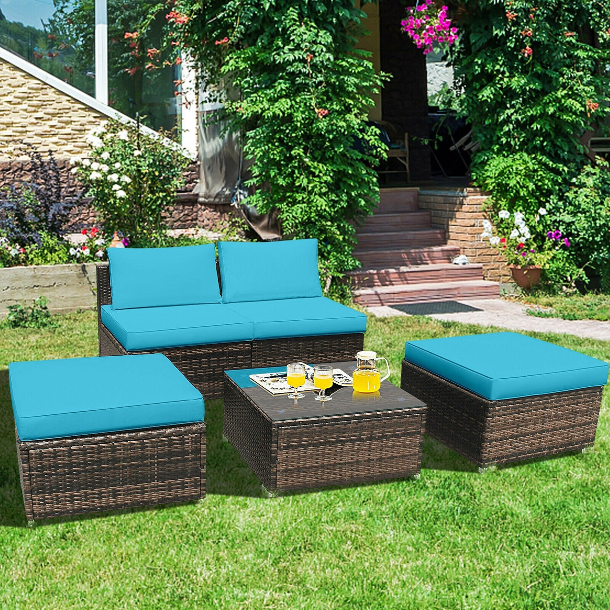 5 Pieces Patio Rattan Furniture Set with Cushioned Armless Sofa 1