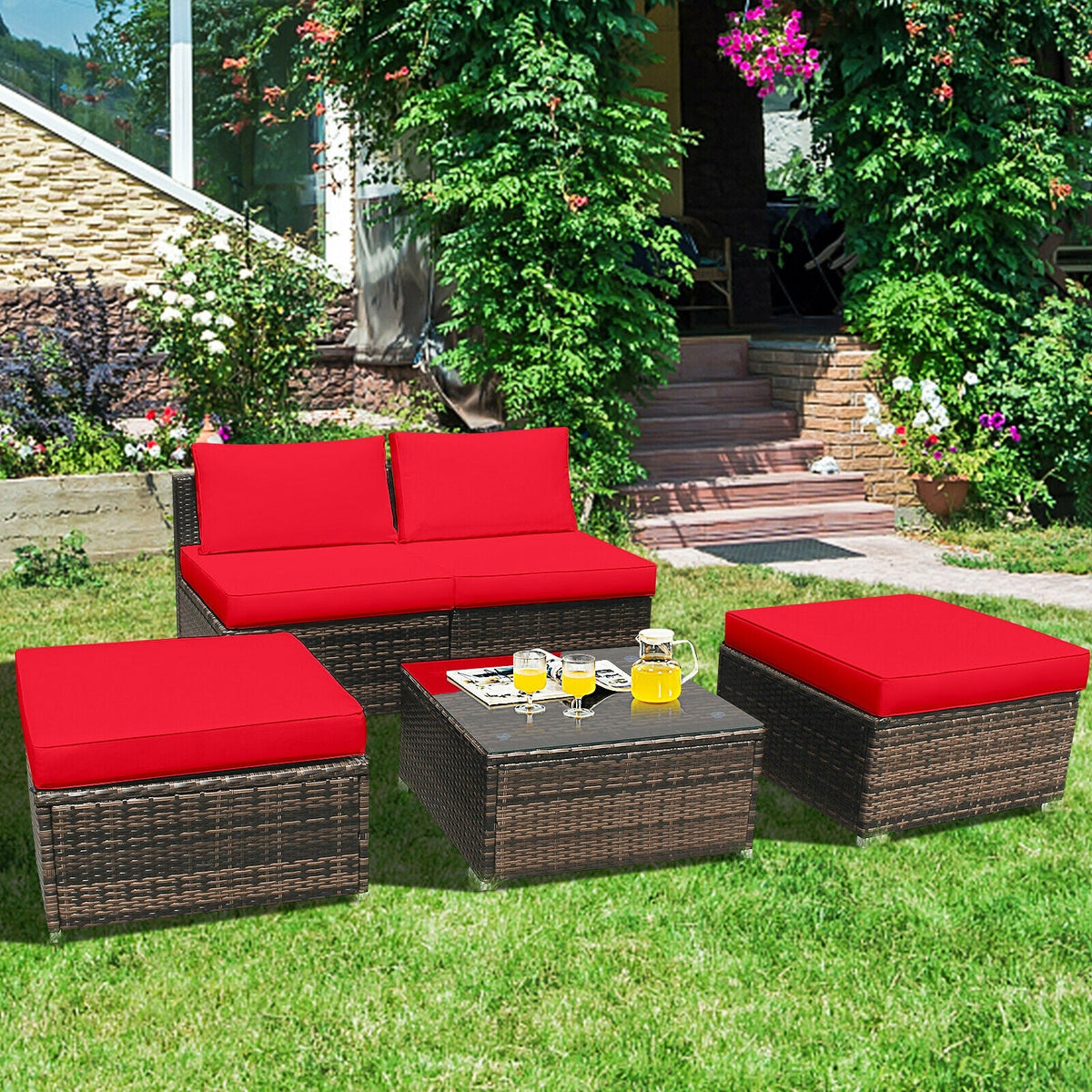 5 Pieces Patio Rattan Furniture Set with Cushioned Armless Sofa 2