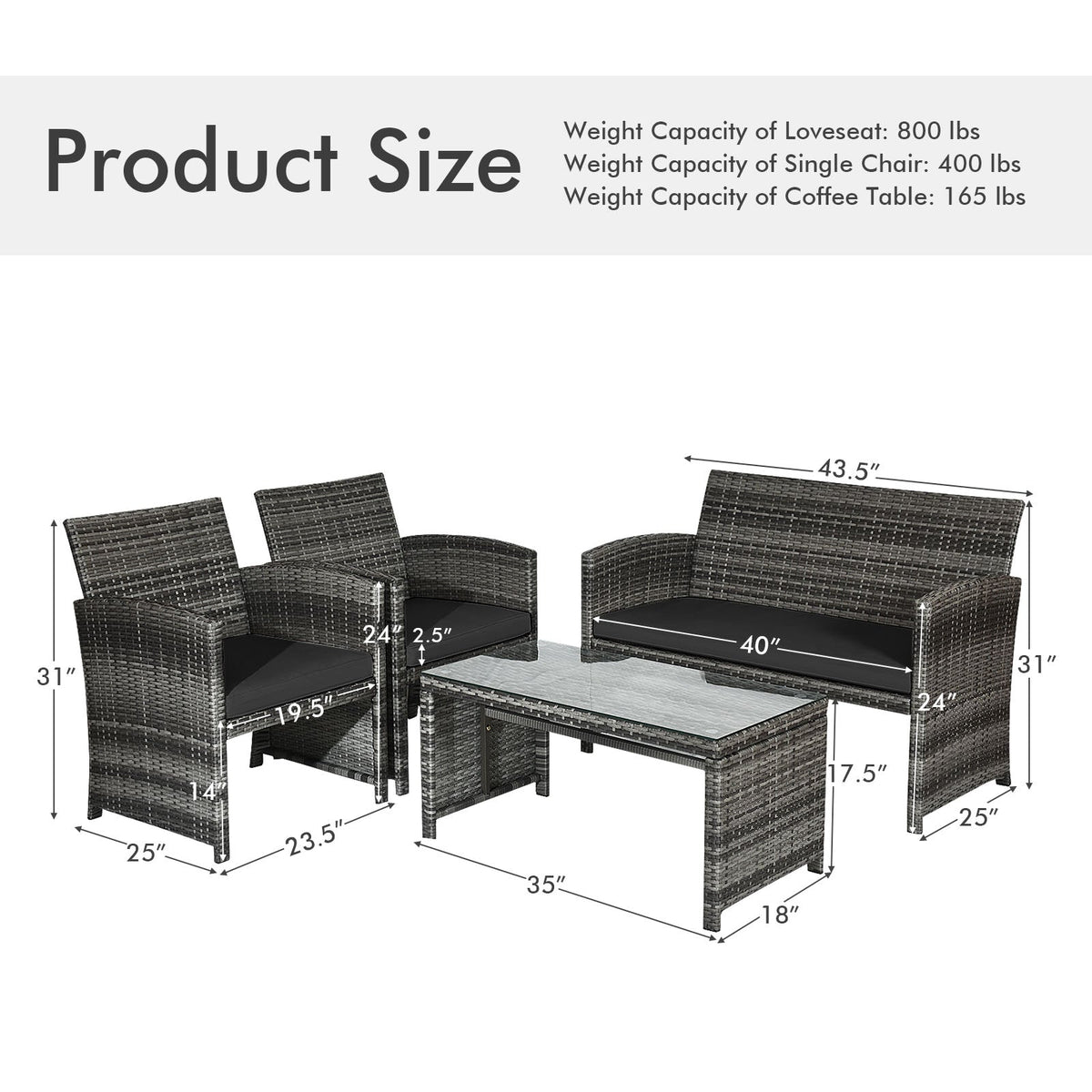 4 Pieces Patio Rattan Furniture Set with Glass Table and Loveseat-Gray 4