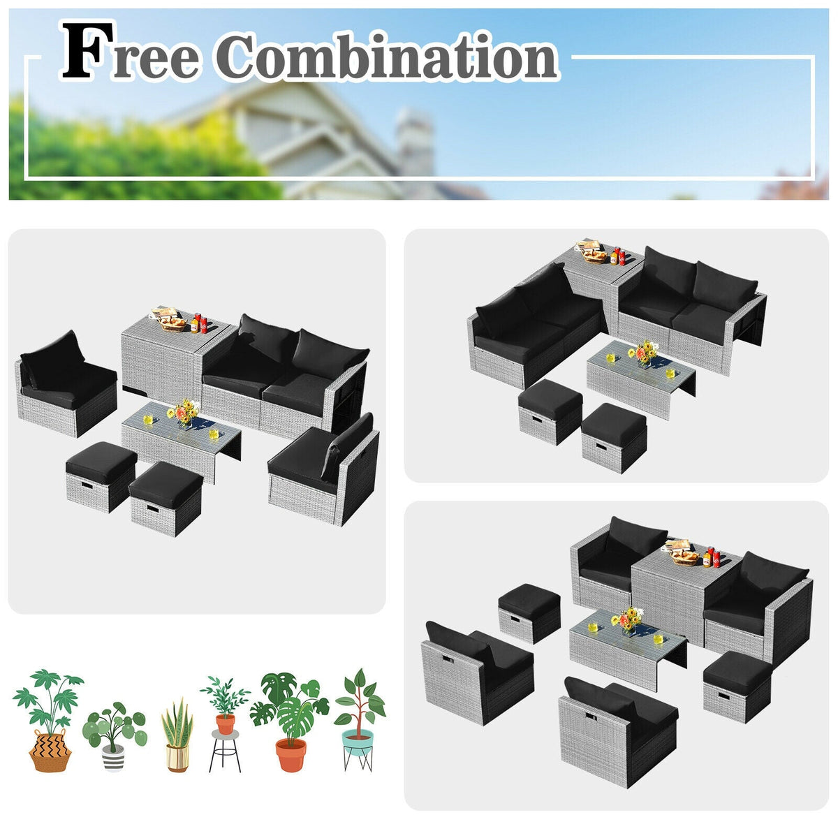 8 Pieces Patio Rattan Furniture Set with Storage Waterproof Cover and Cushion 6