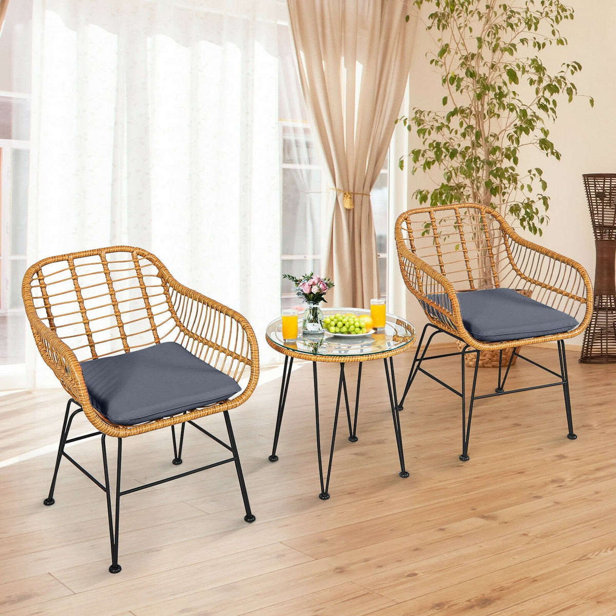 3 Pieces Rattan Furniture Set with Cushioned Chair Table 9