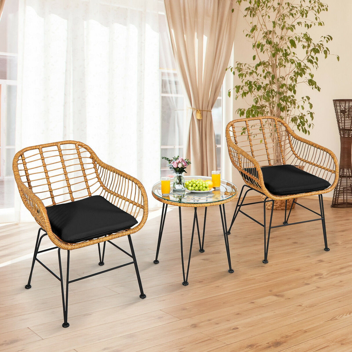 3 Pieces Rattan Furniture Set with Cushioned Chair Table 1