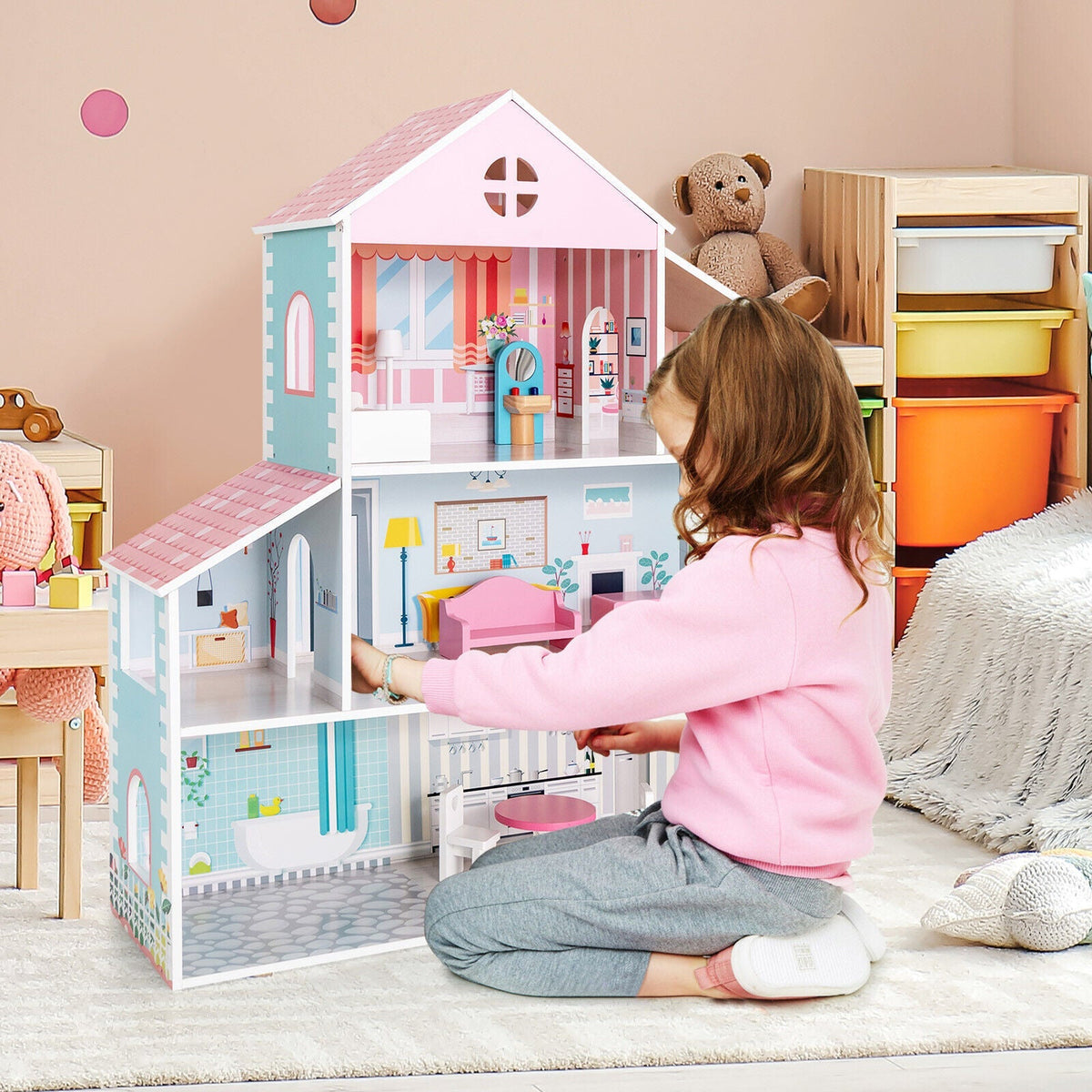 3-Tier Toddler Doll House with Furniture Gift for Age over 3 1
