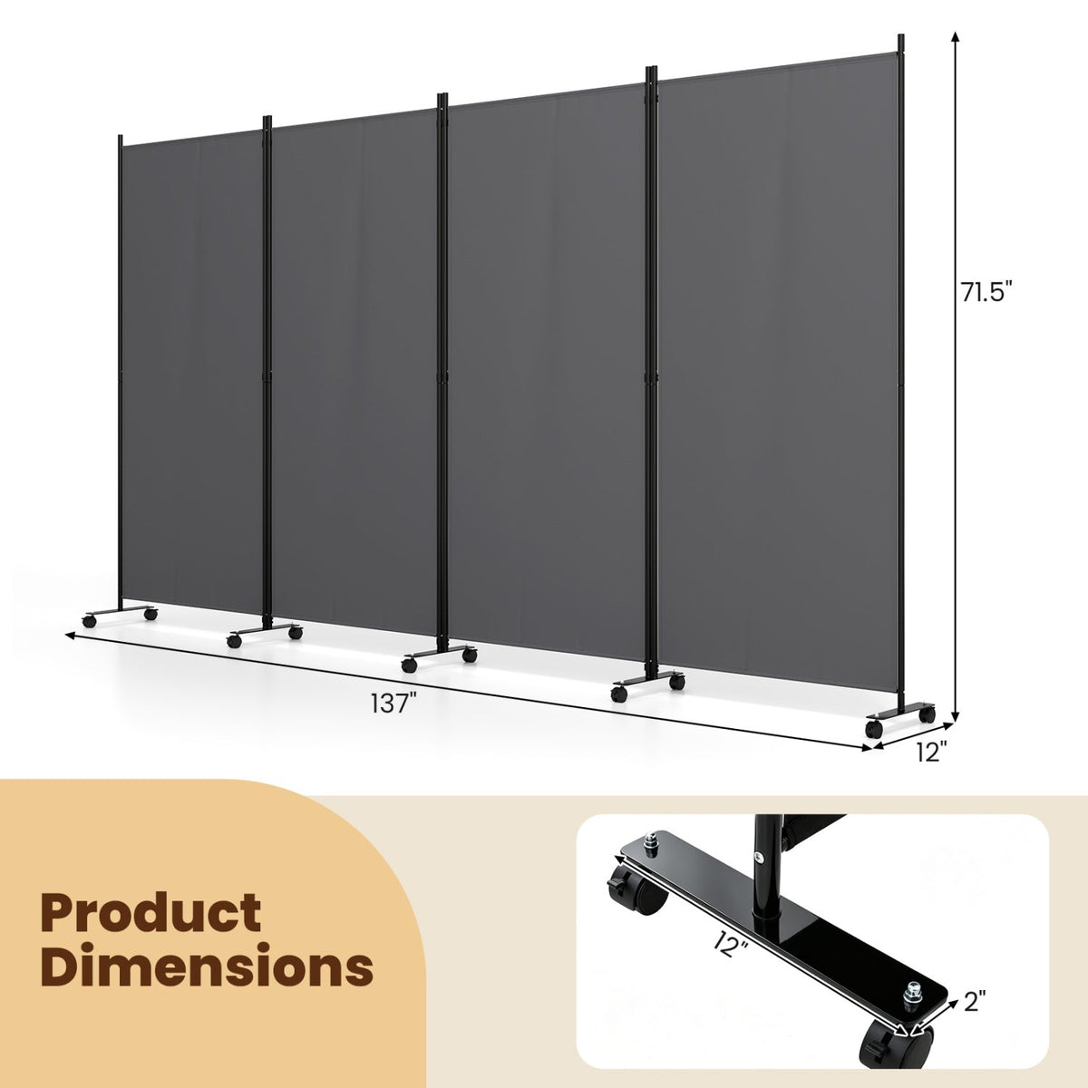 4-Panel Folding Room Divider with Wheels - 71.5" Tall 13