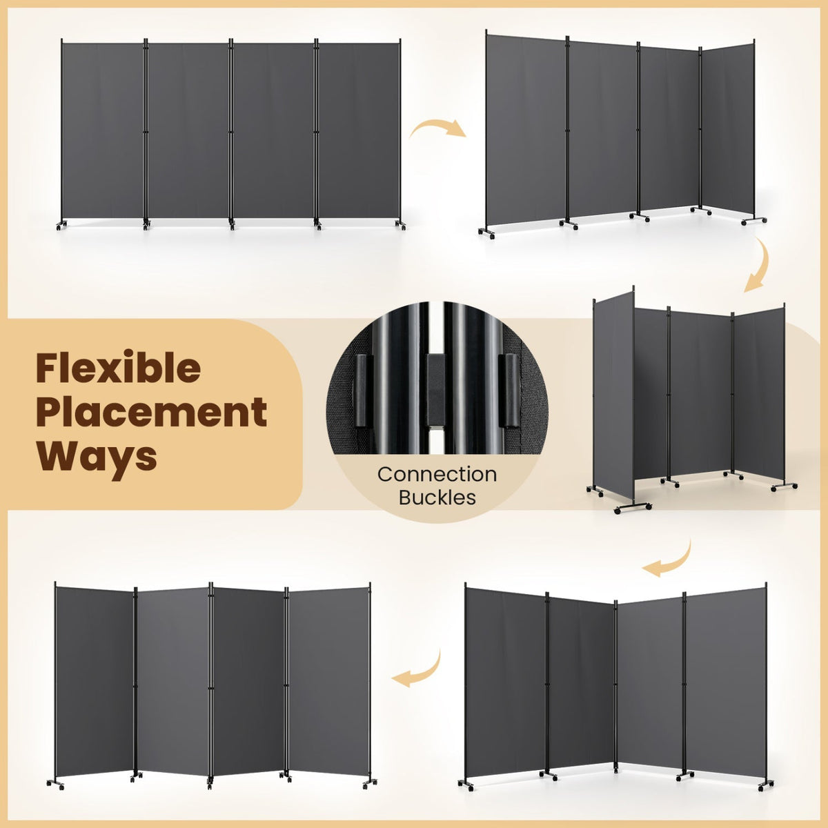 4-Panel Folding Room Divider with Wheels - 71.5" Tall 15