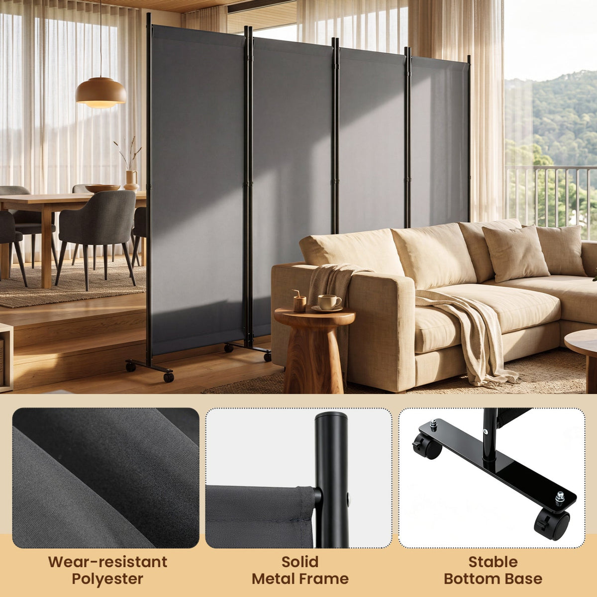 4-Panel Folding Room Divider with Wheels - 71.5" Tall 16