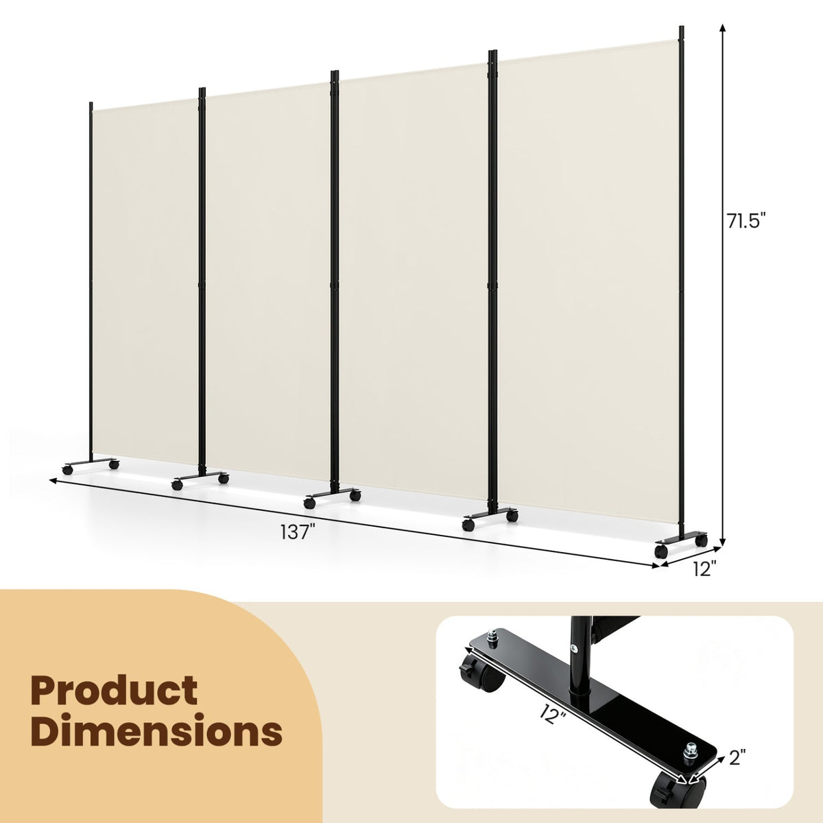 4-Panel Folding Room Divider with Wheels - 71.5" Tall 5