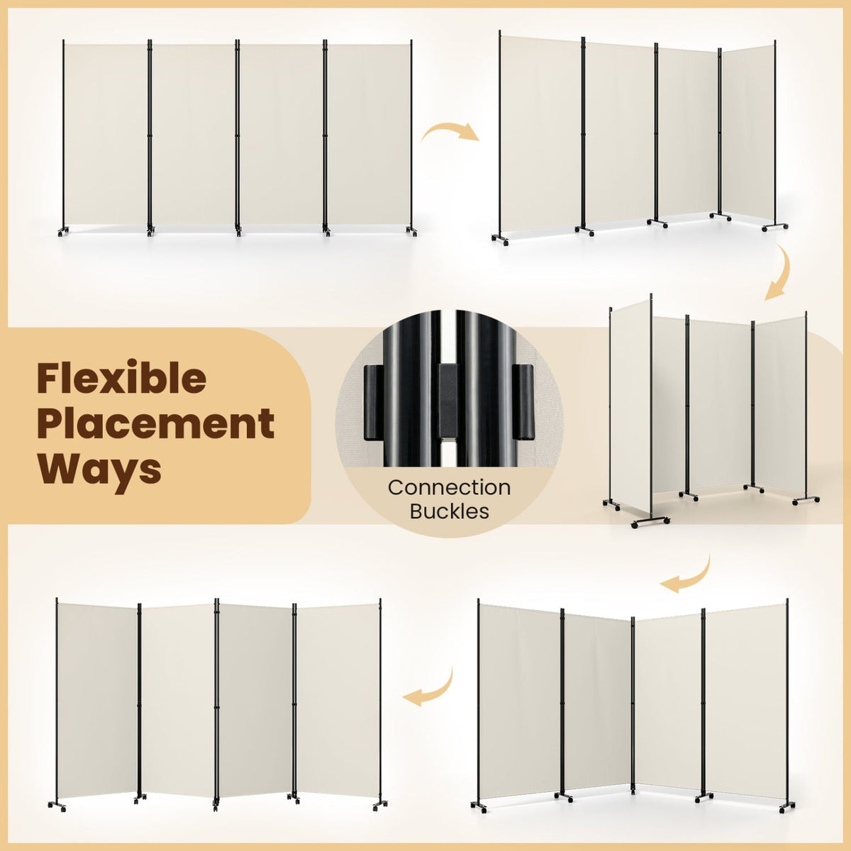 4-Panel Folding Room Divider with Wheels - 71.5" Tall 7