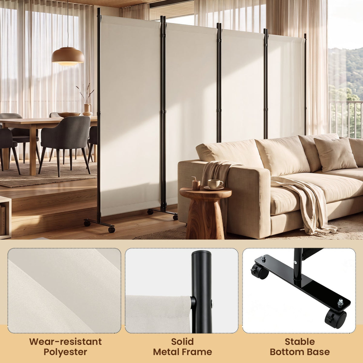 4-Panel Folding Room Divider with Wheels - 71.5" Tall 8