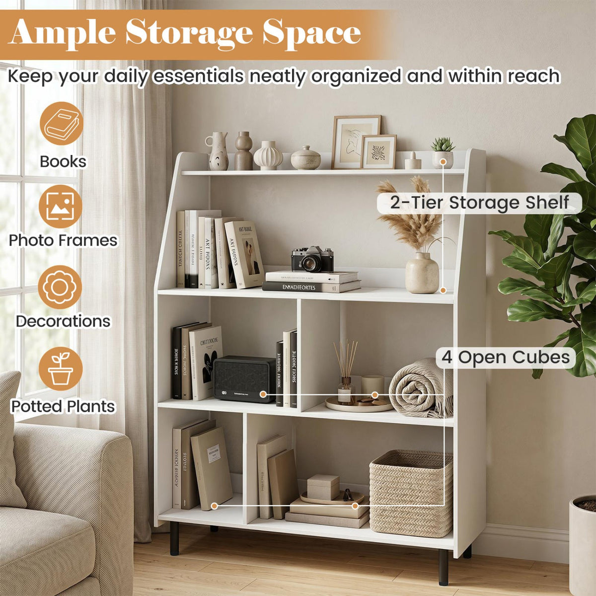4-Tier Open Bookcase with Anti-Tipping Kits - White 6