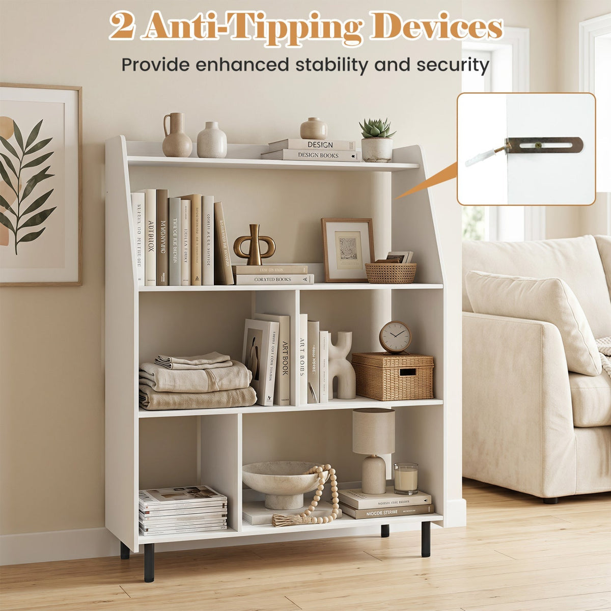 4-Tier Open Bookcase with Anti-Tipping Kits - White 8