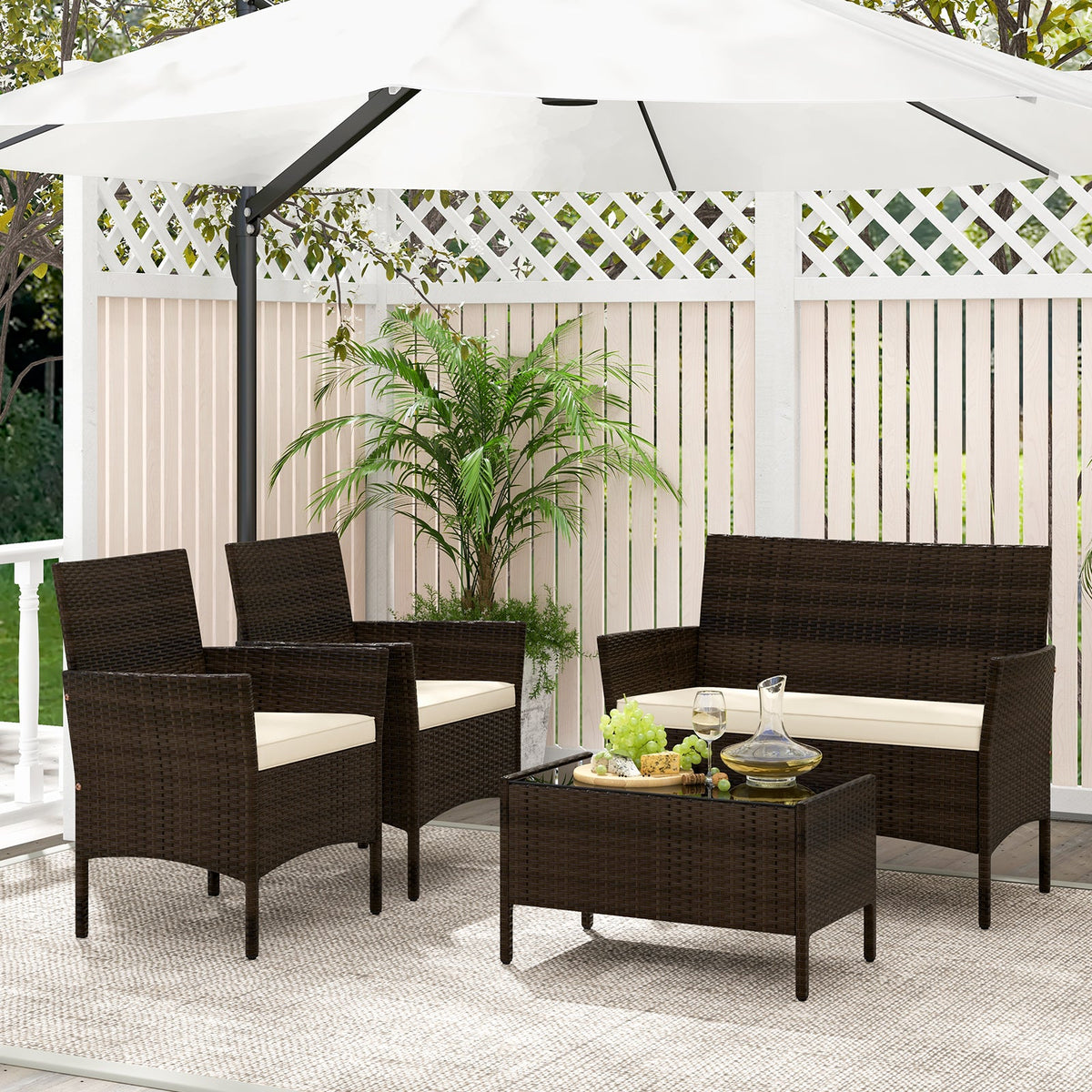 4 Piece Patio Rattan Conversation Set with Cozy Seat Cushions