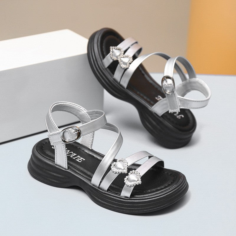 2026 Summer New Trendy Kids Sandals, Girls Soft Sole Fashion Princess Shoes, Silver Roman Sandals Children Beach Shoes 2