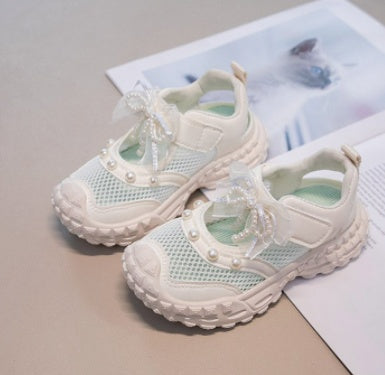 2026 New Summer Girls Hollow Single Mesh Sports Sandals, Fashion Versatile Dad Sneakers With Pearl Bow Decor Breathable Mesh Casual Shoes 5