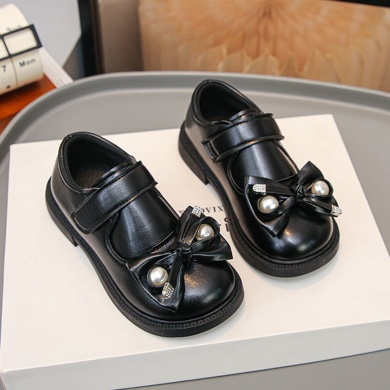 Girls' Leather Shoes, Black Performance Single Shoes, Baby Girls' Bow Princess Shoes, Bean Shoes 6