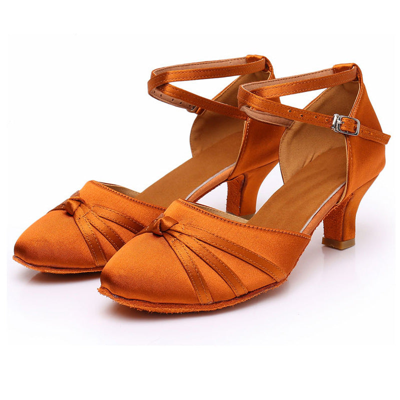 Dance Shoes Women's Baotou Latin Dance Shoes Soft Soled Ballroom Dance Shoes Soft Soled Middle Heel High Heel Dancing Shoes 7