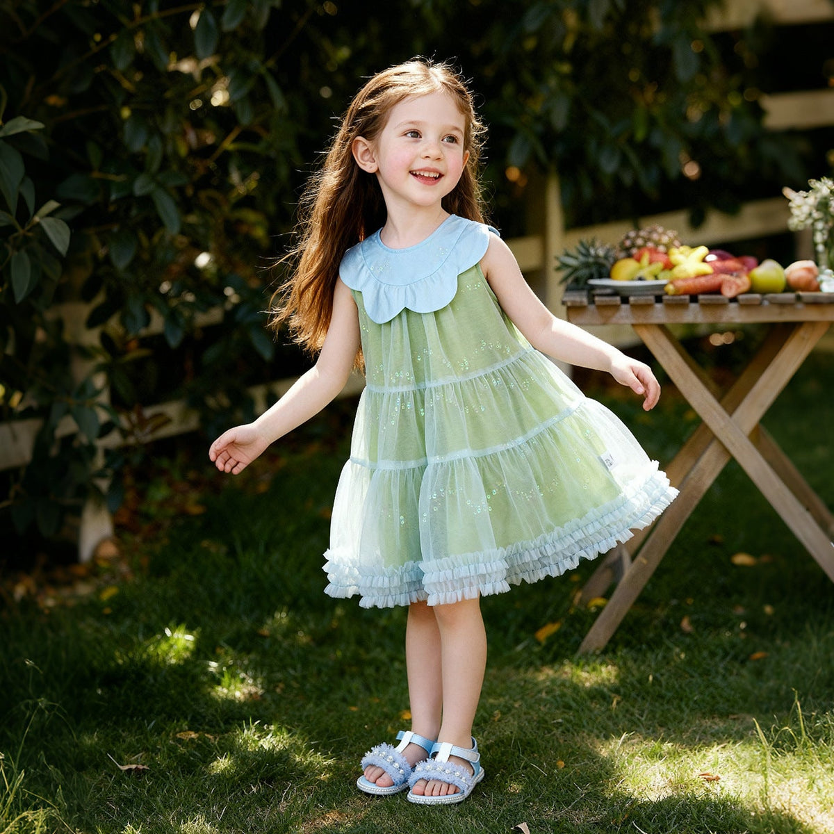 Floral-neck Sequined Tulle Ruffle-trimmed Dress For Girls 1