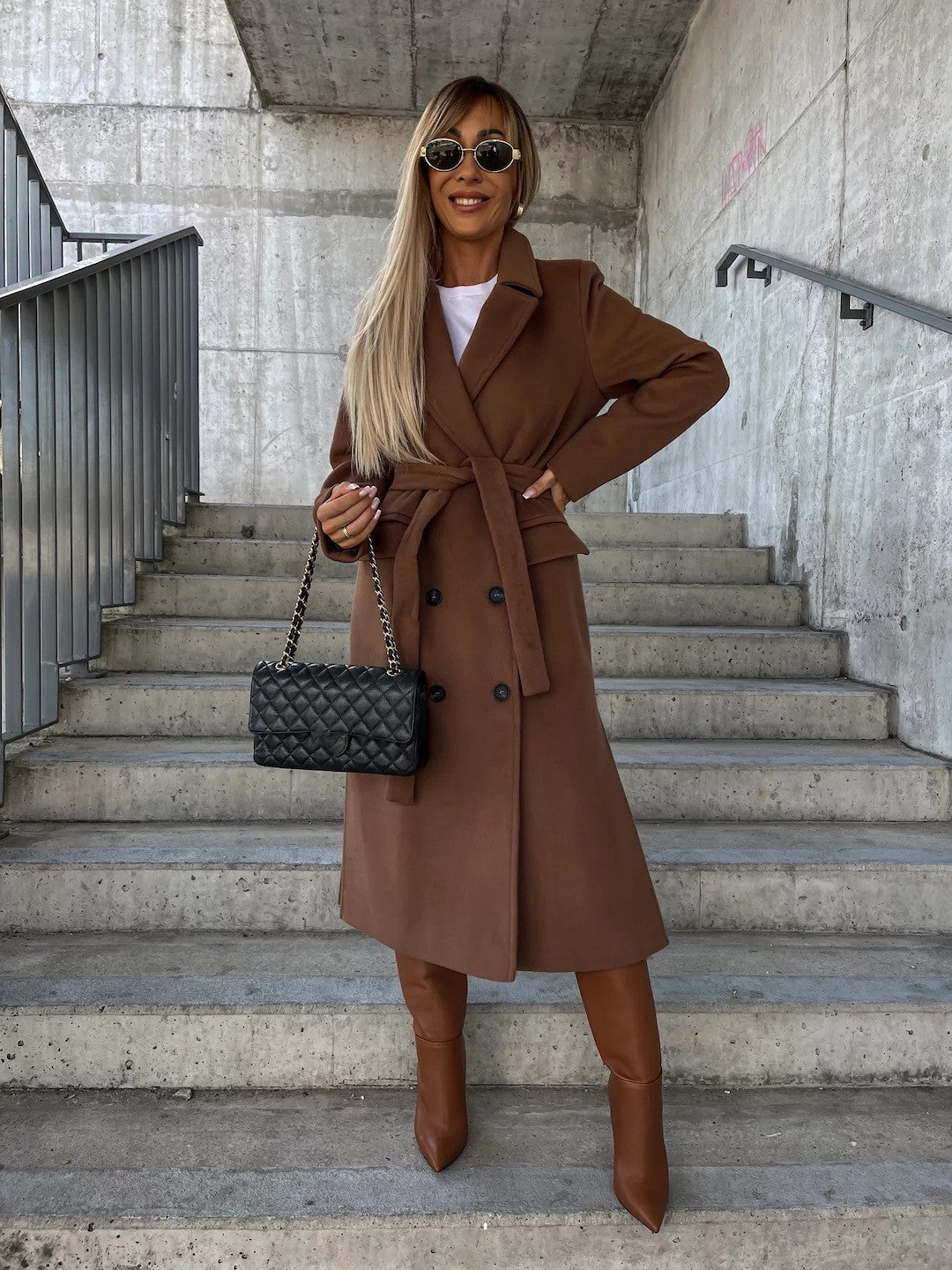 Double-breasted Lapel Split Jacket With Belt Winter Fashion Casual Long Sleeve Button Daily Coats For Women Clothing 6