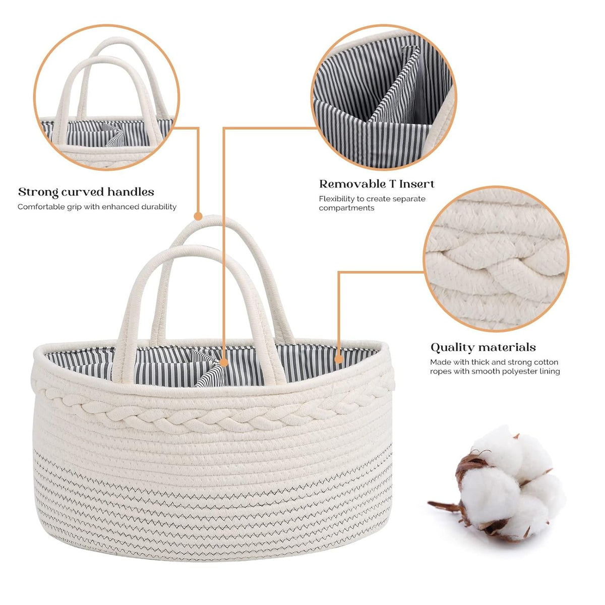 Diaper Caddy Organizer, Large Cotton Rope Nursery Baby Basket, Changing Table Organizer For Baby Diaper Storage, Portable Car Organizer With Removable Divider, Baby Shower Gifts 3