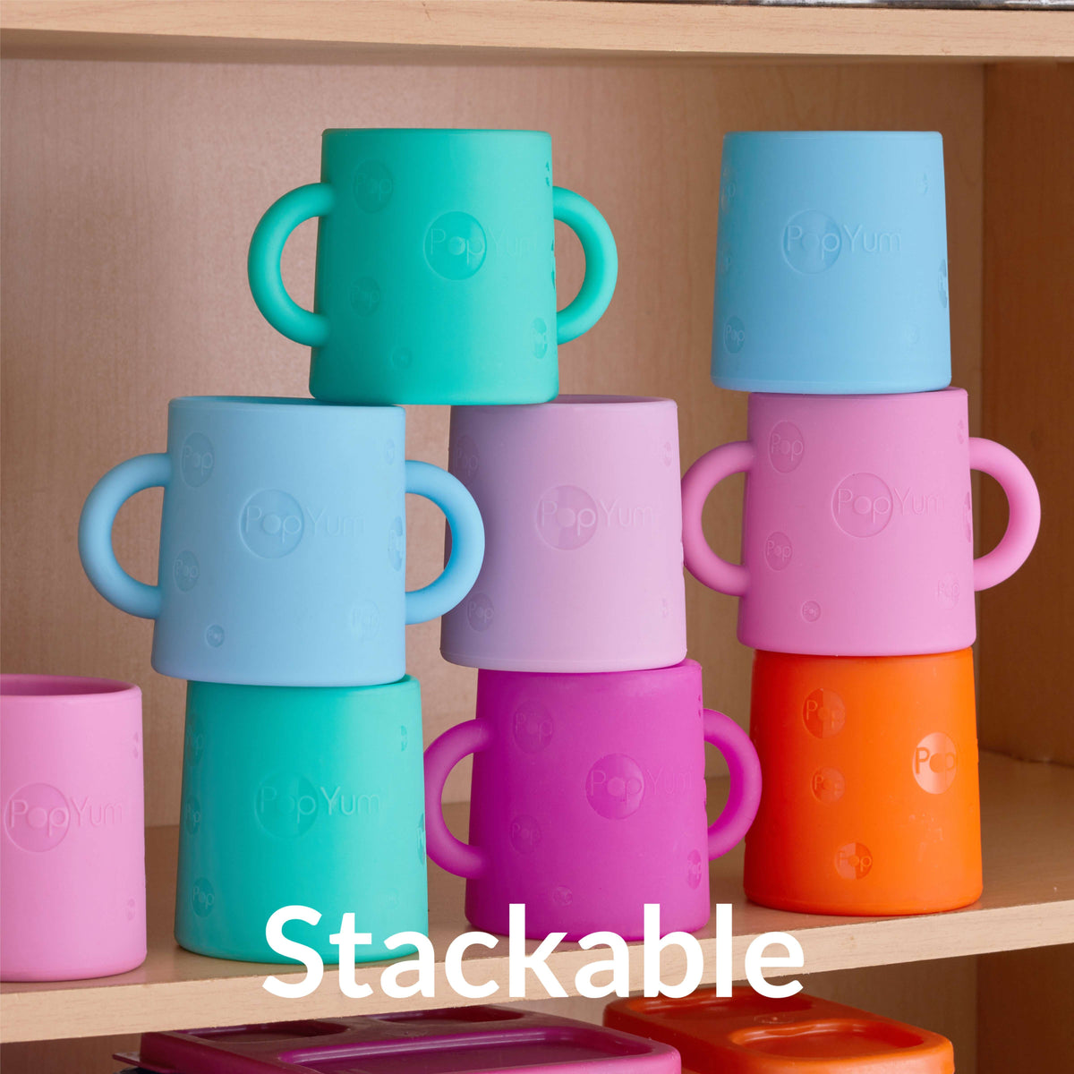 PopYum Silicone Training Cup 2-Pack for Baby and Toddler, handles, BPA Free, self feeding training, tumbler (sky blue and PopYum orange) 5