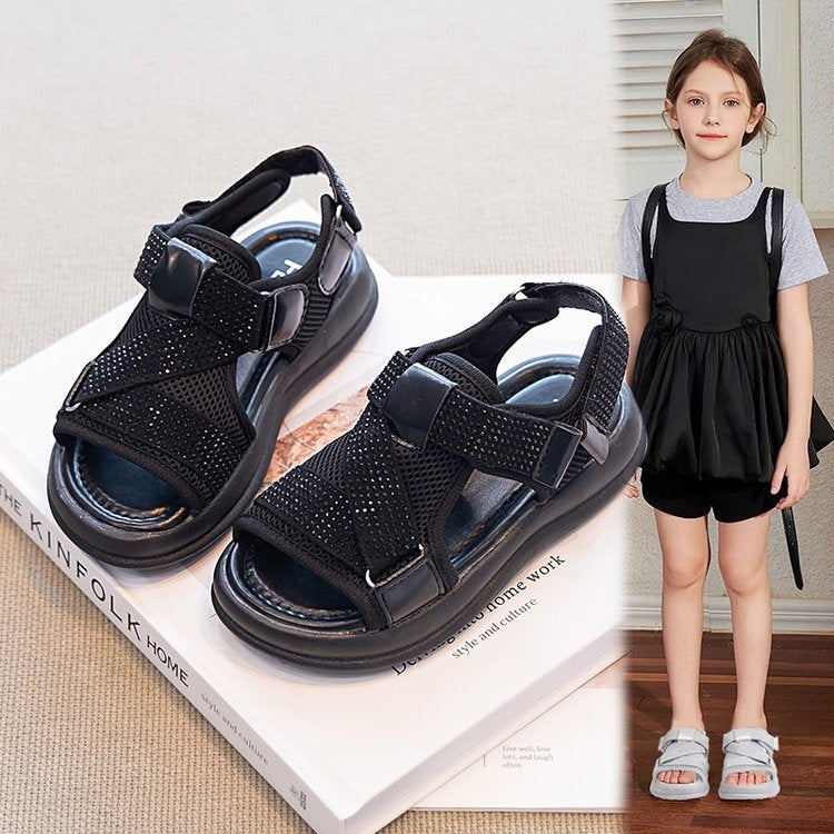 2026 New Summer Girls Rhinestone Roman Sandals, Thick Sole Hollow Breathable Casual Sports Fashion Versatile Sandals 3