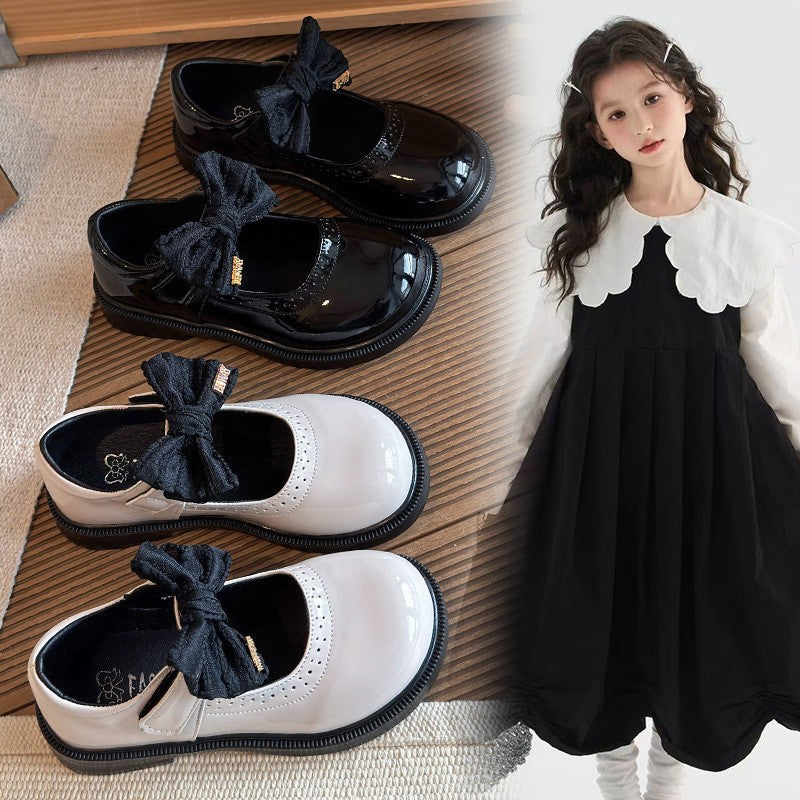 2026 Spring New Kids Leather Shoes, Stylish Black Bow Princess Mary Jane Flat Shoes For Girls 1