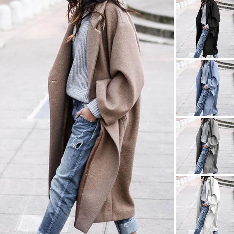 Casual Long Jacket With Pockets Solid Color Single Breasted Lapel Woolen Coat For Women Warm Winter Clothing 1