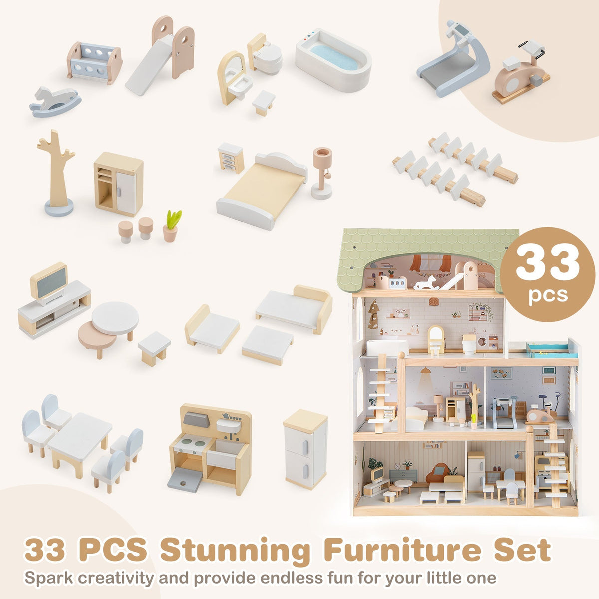 Wooden Dollhouse Kids DIY Pretend Playhouse with 33 PCS Furniture Accessories-Green 7