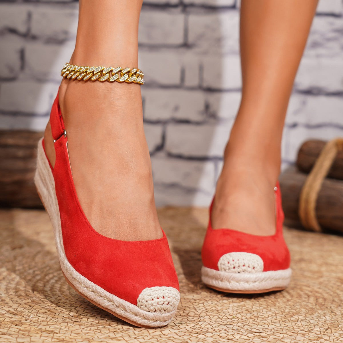 Retro Closed-toe Slingback Wedge Womens Shoes Straw-woven 2