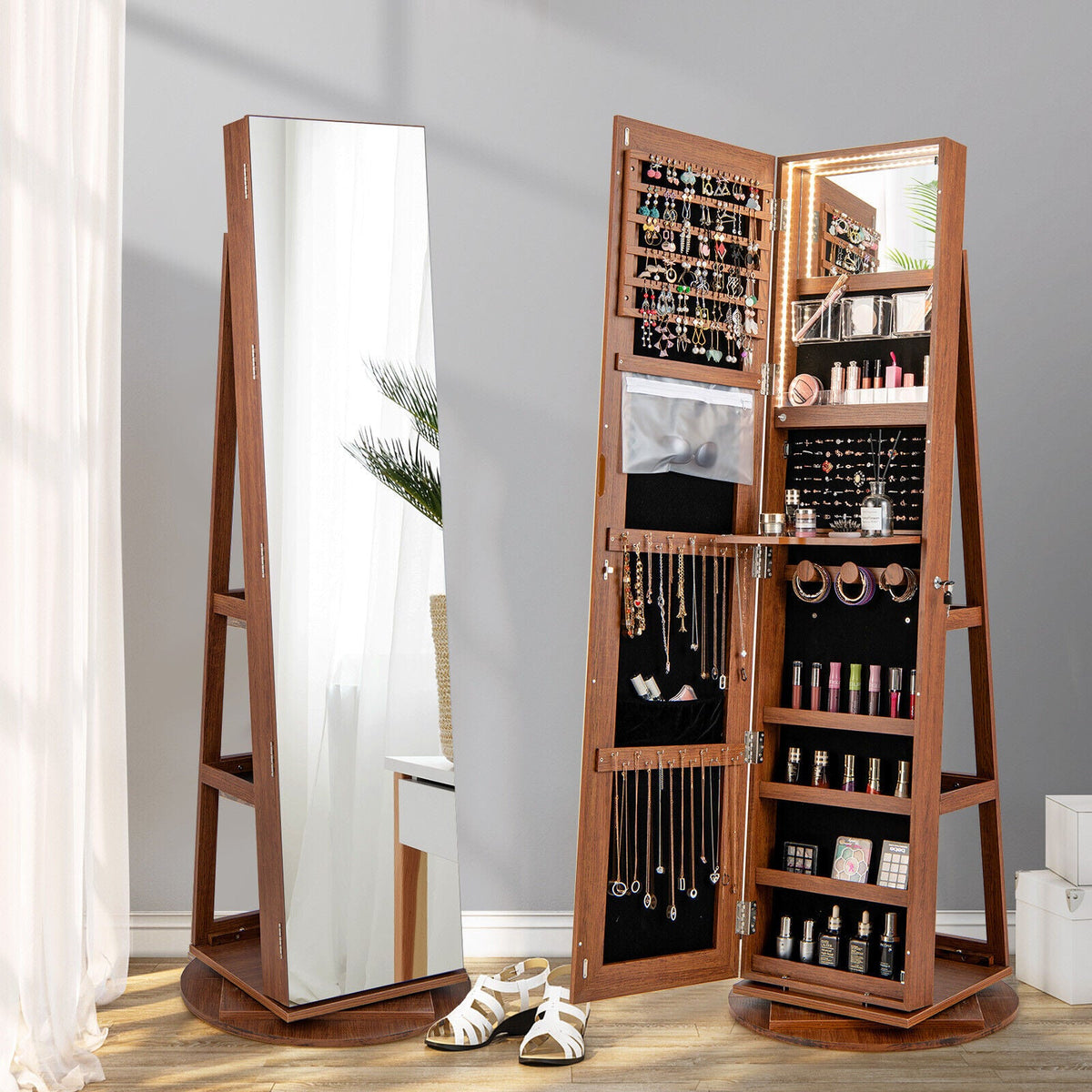 360° Rotating Mirrored Jewelry Cabinet Armoire 3 Color LED Modes Lockable 1