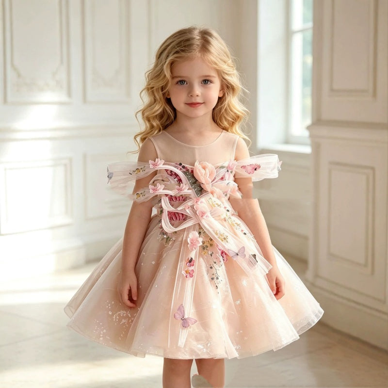 Three-dimensional Flower And Butterfly Tulle Ball Gown For Flower Girls 2