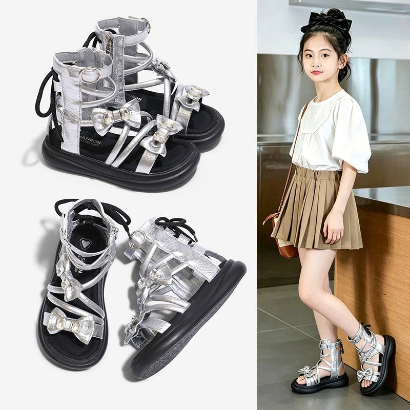 2026 Summer New Girls Roman Sandals, Bow Princess Style Soft Sole Non-slip Kids Roman Boots, Korean Fashion 1